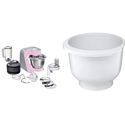 Bosch CreationLine MUM58K20 - Robot de cocina, 1000 W, recipiente de 3.9 litros, color rosa y plateado + MUZ5KR1 - Cuenco de mezclas de plástico para 