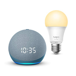 Echo Dot (4.ª generación) con reloj, Azul grisáceo + TP-Link Tapo Bombilla Inteligente (E27), compatible con Alexa características