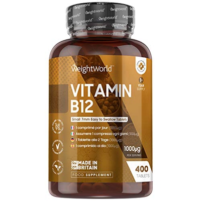 Vitamina B12 Vegana 1000mcg 400 Comprimidos, Vegano - Suministro para más de 1 Año, Reduce Cansancio y Fatiga, Contribuye al Funcionamiento Normal del