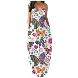 Yue668 - Vestido largo para mujer, cuello redondo, informal, estampado floral, diseño de mariposa, talla grande, redondo, vestido largo, para verano,  en oferta