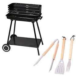 Barbacoa de carbón con Parrilla y Ruedas de Acero Negra - LOLAhome (Rectangular, Con accesorios) en oferta