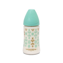 Suavinex - Biberón Bebé Premium Haute Couture, Tetina Redonda Silicona 3 Posiciones, 270 ml, Biberón +0 Meses. 0% Bpa, Diseño Étnico, Color Verde Clar características