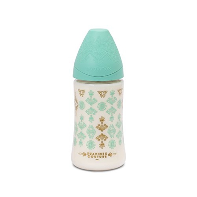 Suavinex - Biberón Bebé Premium Haute Couture, Tetina Redonda Silicona 3 Posiciones, 270 ml, Biberón +0 Meses. 0% Bpa, Diseño Étnico, Color Verde Clar