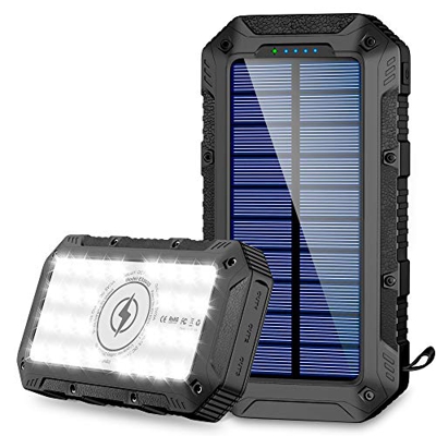 FKANT Power Bank Solar 26800mAh Batería Externa Solar con 4 Puertos 3 Salidas USB & Carga Inalámbrico Cargador Solar 28 Linterna LED y Gancho Bateria 