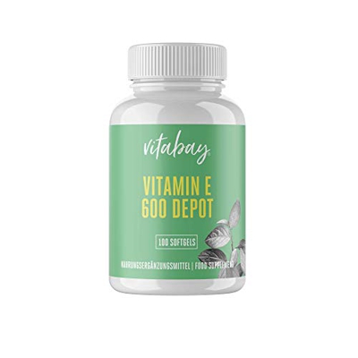 Vitabay Vitamina E 600 DEPOT (100 cápsulas blandas) • Capsulas Vitamina E naturales y veganas • Antioxidante potente • Dosis alta • Calidad alemana