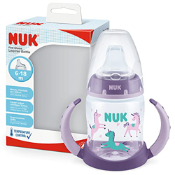 NUK First Choice 10215331 - Biberón para aprender a beber, con indicador de control de temperatura, sin BPA, antigoteo, 150 ml, color lila, 1 unidad,  características