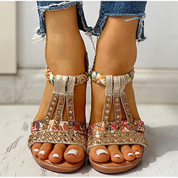 DZQQ Sandalias de Verano para Mujer, Zapatos de cuña con Plataforma Bohemia, Zapatos de Playa de Gladiador de Cristal Roma para Mujer, Banda elástica  características
