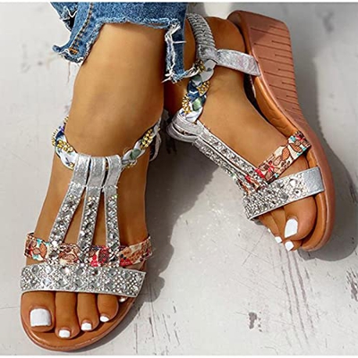 DZQQ Sandalias de Verano para Mujer, Zapatos de cuña con Plataforma Bohemia, Zapatos de Playa de Gladiador de Cristal Roma para Mujer, Banda elástica 