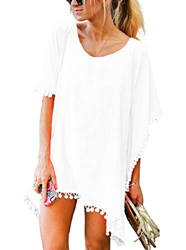 Voqeen Mujer Bikini Cover Up Verano Borla Camisolas Gasa Pom Pom Kaftan Playa de Traje de Baño de Vestido de Playa Vestidos de Mujer (Blanco) características