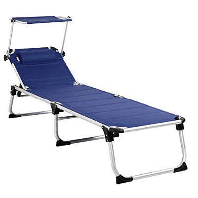 Casaria Chaise Longue 'Bari' XXL Azul Tumbona Parasol protección Solar 210cm cojín de Cabeza Silla Larga Exterior jardín