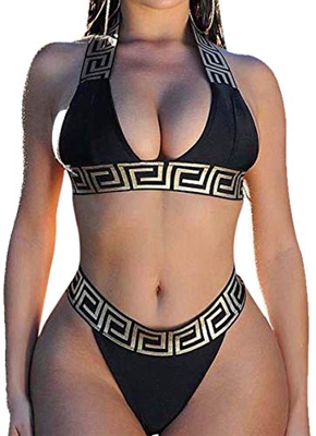 Bikini Push up Mujer Cuello Halter Top Brillante Braguita Triangulo Tanga de Cintura Alta Traje de Baño Dos Piezas