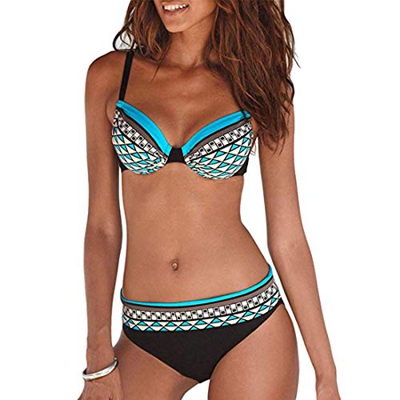 Bikini Mujer Estampado Tribal Push Up Trajes de Baño Ropa Sexy Bohemia Conjunto Bikinis (Azul, XL)