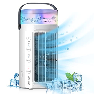 Lexmee Aire Acondicionado Portátil, 5 en 1 Enfriador de Aire Silencioso Climatizador Humidificador Purificador, 450ML Mini Móvil Evaporativo con Tanqu