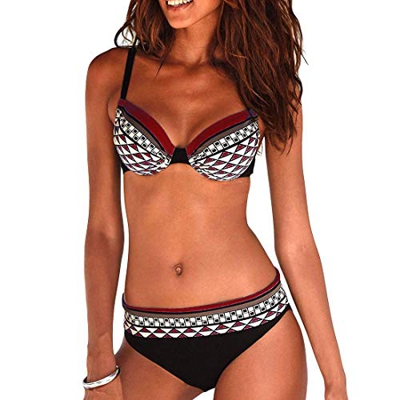 Bikini Mujer Estampado Tribal Push Up Trajes de Baño Ropa Sexy Bohemia Conjunto Bikinis (Vino Rojo, XL)