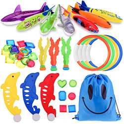 Fabur 34pcs Juguetes de Buceo Conjunto para Niños Incluir Torpedos Bandidos*4,Anillos de Buceo*4,Algas Marinas*3,Gemas de Buceo Juguetes*16,Delfines*3 precio