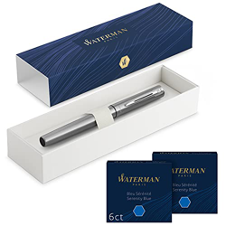 Waterman Allure pluma estilográfica | acero inoxidable con adorno cromado | plumín fino | con 12 cartuchos de tinta azul cortos | estuche de regalo precio