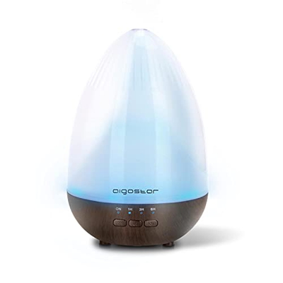 Aigostar Difusor de Aceite Esencial Difusor de Aromaterapia Temporizador 1/3/6 horas, iluminación 7 colores, nebulización humidificadora y difusor de 