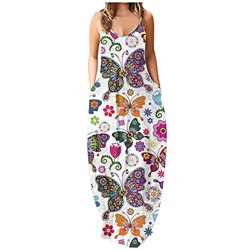 Yue668 - Vestido largo para mujer, cuello redondo, informal, estampado floral, diseño de mariposa, talla grande, redondo, vestido largo, para verano,  en oferta