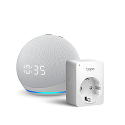 Echo Dot (4.ª generación) con reloj, Blanco + TP-Link Tapo P100 Smart Plug (enchufe inteligente WiFi), compatible con Alexa en oferta