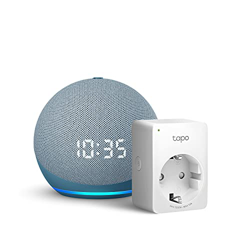 Echo Dot (4.ª generación) con reloj, Azul grisáceo + TP-Link Tapo P100 Smart Plug (enchufe inteligente WiFi), compatible con Alexa en oferta