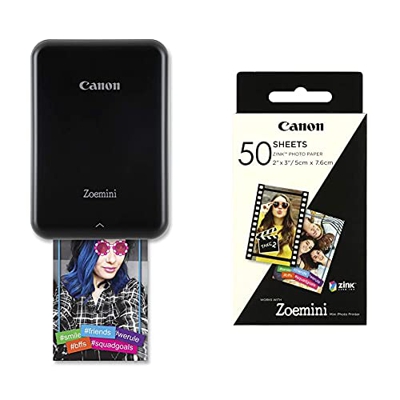 Canon Zoemini Pv-123 - Mini Impresora (Bluetooth, USB, 314 x 600 PPP, Mini Print) Color Negro + Zoemini Zink - Hojas de Papel fotográfico (50 Hojas)