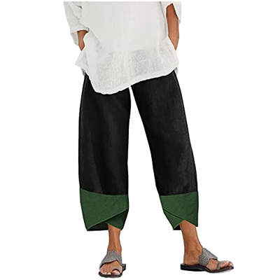 Yue668 - Pantalón de cintura elástica de algodón y lino, para mujer, pantalones de pierna, talla grande, con cintura elástica y estampado de flores in