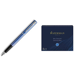 Waterman Graduate Allure pluma estilográfica, lacado azul, plumín mediano, tinta azul, estuche de regalo + Cartuchos de tinta para plumas estilográfic características