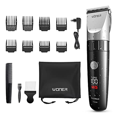 WONER Cortapelos Hombre Maquina Cortar Pelo Profesional Impermeable con Función Turbo Peine Guía 28mm, Maquina Cortapelo Inalámbrico Pantalla LED, Rec