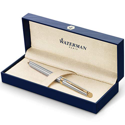 Waterman Hémisphère pluma estilográfica, acero inoxidable con adorno de oro de 23 quilates, plumín fino con cartucho de tinta azul, estuche de regalo en oferta