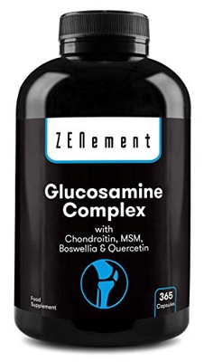 Glucosamina Complex con Condroitina, MSM, Boswellia y Quercetina, 365 Cápsulas | Para el dolor en las articulaciones | No-GMO, GMP, sin aditivos, sin 