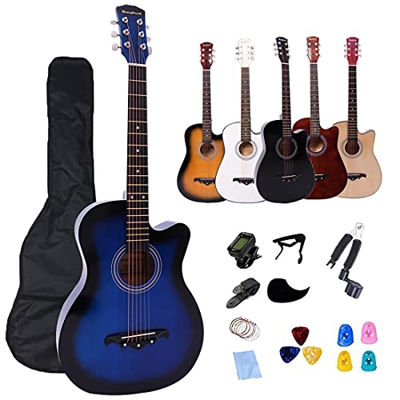 Rosefinch 3/4 Azul Guitarra acústica Kits para principiantes 38 Pulgadas Cutaway Folk Guitarra Bundle Regalo para niños (púas, capo, cuerdas, afinador