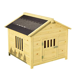 Casa de perro de madera al aire libre para mascotas, cabaña de troncos, perrera, resistente a la intemperie, impermeable con solapa de puerta, placa b características