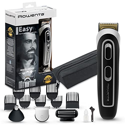 Rowenta multiaccesorios Trim & Style Easy 13 en 1 TN9140 Cuchillas autoafilables titanio para cabello y barba, afeitadora corporal, uso inalámbrico, a