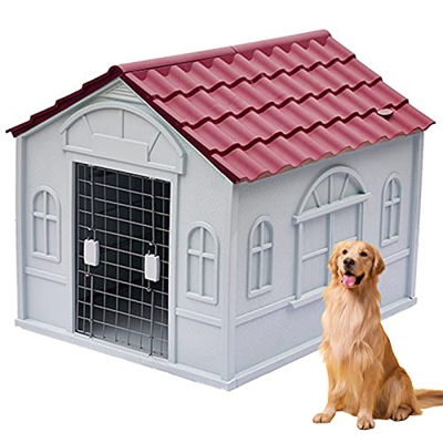 Caseta para Perros Grandes y Medianos, Caseta Exterior Mascota, Casetas para Perros Exterior, Caseta de Plastico para Perros con Puerta, Casa Perro pa