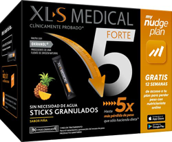 XLS Medical Forte 5 Sticks + Plan Nudge, Servicio De Nutricionistas Gratis. Tratamiento De 1 Mes, Sabor A Piña, color Blanco, 90 sticks granulados, 50 en oferta