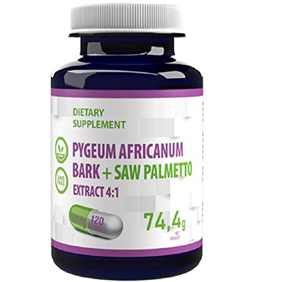 Pygeum Africanum Corteza + Saw Palmetto 500mg 120 Cápsulas Veganas, Extracto 4:1 , Alta Potencia, Sin Gluten, Sin OGM