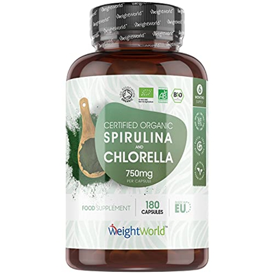 Espirulina y Chlorella Orgánica 180 Cápsulas Vegano - Suplemento Natural y Ecológico de Espirulina y Chlorella de 750mg por Cápsula, Superalimento Pot