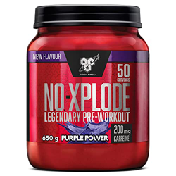 BSN N.O.-Xplode Pre-workout Powder, Suplemento Deportivo con Cafeína, Aminoácidos, Vitamina C y Zinc, Purple Power, 50 Porciones, 650 g, Embalaje Pued características