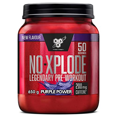 BSN N.O.-Xplode Pre-workout Powder, Suplemento Deportivo con Cafeína, Aminoácidos, Vitamina C y Zinc, Purple Power, 50 Porciones, 650 g, Embalaje Pued