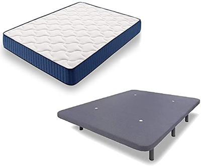 HOGAR24 ES Cama Completa - Colchón Viscoelástico Viscorelax + Base Tapizada 3D con 5 Barras Transversales Color Gris + 6 Patas de 26cm, 135x190 cm