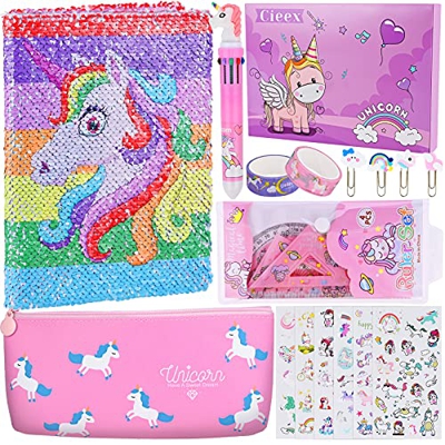 Cieex Regalos de Unicornio para Niñas Set de Papelería Unicornio Cuaderno, Estuche Escolar, Bolígrafo, Pegatinas, Cinta Washi, Marcador de Libro, Conj