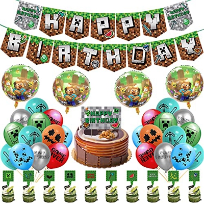 Sinwind Vídeo Game Partyzubehör Video Game Decorations Banner Birthday Decorations con Globos Cake Topper para niños cumpleaños Festival Decoración