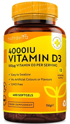 Vitamina D 4000 UI - Fuerza máxima - 400 cápsulas blandas fáciles de tragar - Suministro para más de un año - VIT D3 de alta resistencia - Fabricado e