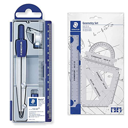 Staedtler Noris Club 550, Set De Dibujo Estuche, Compás Escolar, Adaptador Y Tubo De Minas, Azul/Metálico + Mars 569 Pb4-0 Set De Reglas Y Transportad características