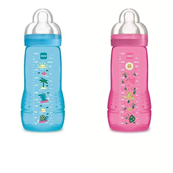 MAM Set de 2 biberones Easy Active Baby Bottle, con tetina de silicona SkinSoftTM ultrasuave, 330ml, para bebés a partir de 4 meses, azul y rosa características