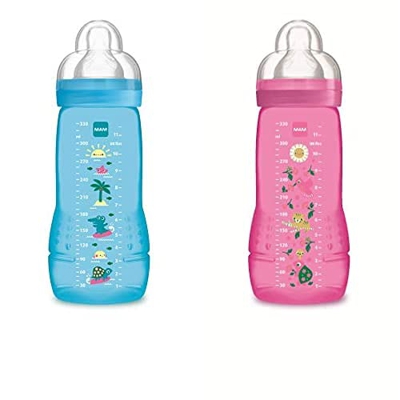 MAM Set de 2 biberones Easy Active Baby Bottle, con tetina de silicona SkinSoftTM ultrasuave, 330ml, para bebés a partir de 4 meses, azul y rosa