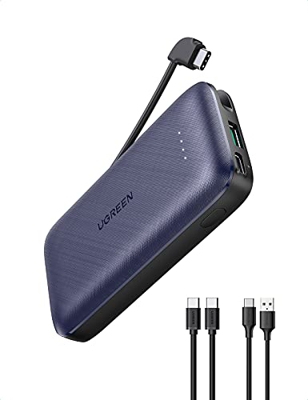 UGREEN 10000mAh Batería Externa 20W PD QC 3.0 con Cable USB C Integrado, Mini Power Bank Cargador portátil móvil Compatible con iPhone 12 Pro MAX Se 1