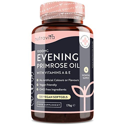 Aceite de onagra 1000 mg - 120 cápsulas blandas veganas de alta resistencia - Rica fuente de omega 6 y GLA - con vitamina A y vitamina E - Mantenimien