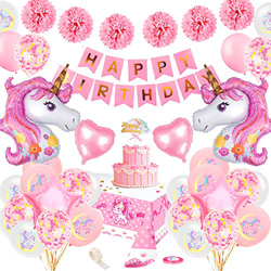 Unicornio Decoración Cumpleaños Niña,TOLOYE Rosa Feliz Cumpleaños Conjunto De Pancartas Unicornio Papel De Aluminio Globo Látex Confeti Fiesta En Glob en oferta