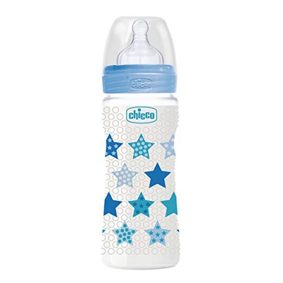 Chicco Wellbeing - Biberón antcólicos con tetina de silicona y flujo rápido para bebé 4m+, 330 ml, color azul